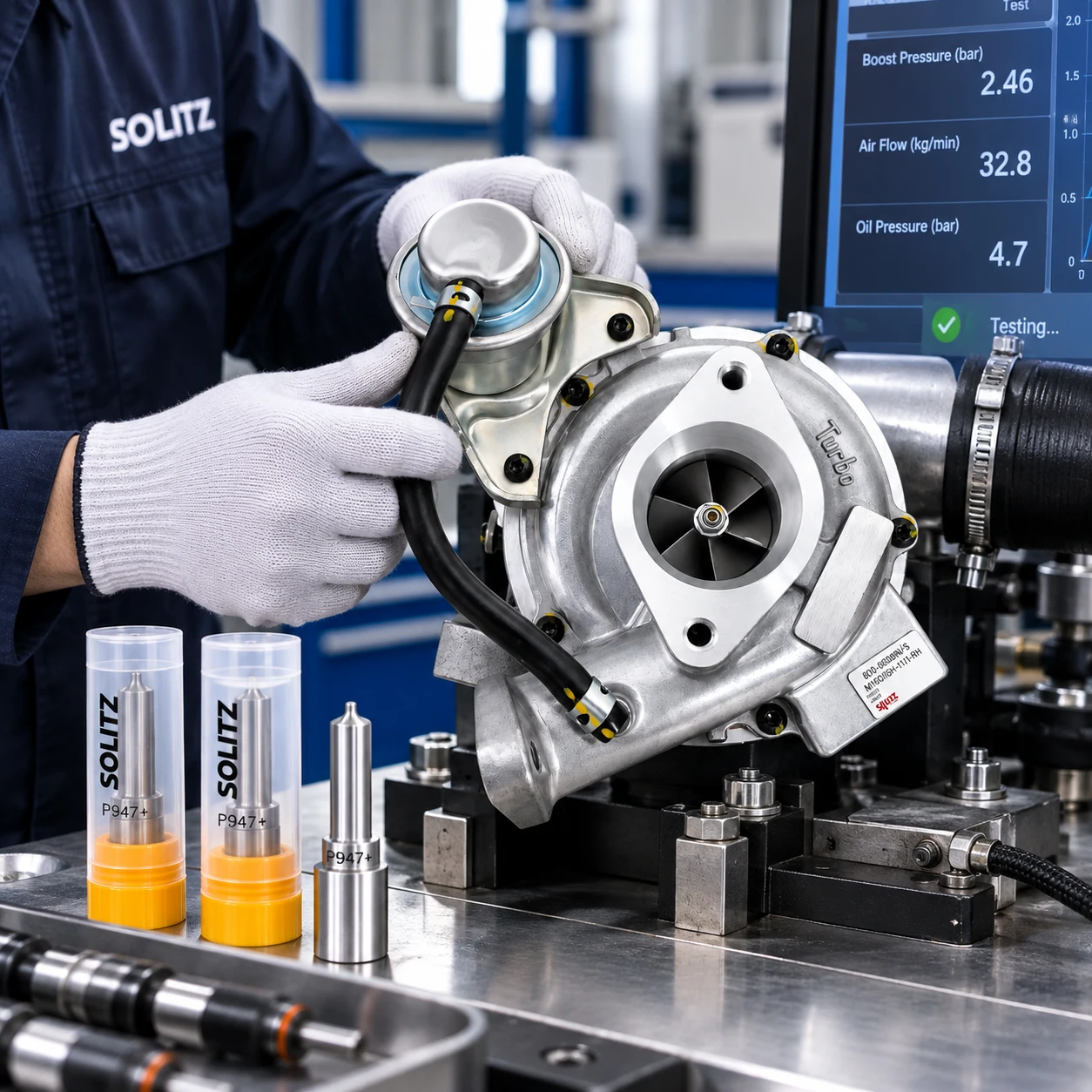 Technician testing a SOLITZ turbocharger on a test bench
